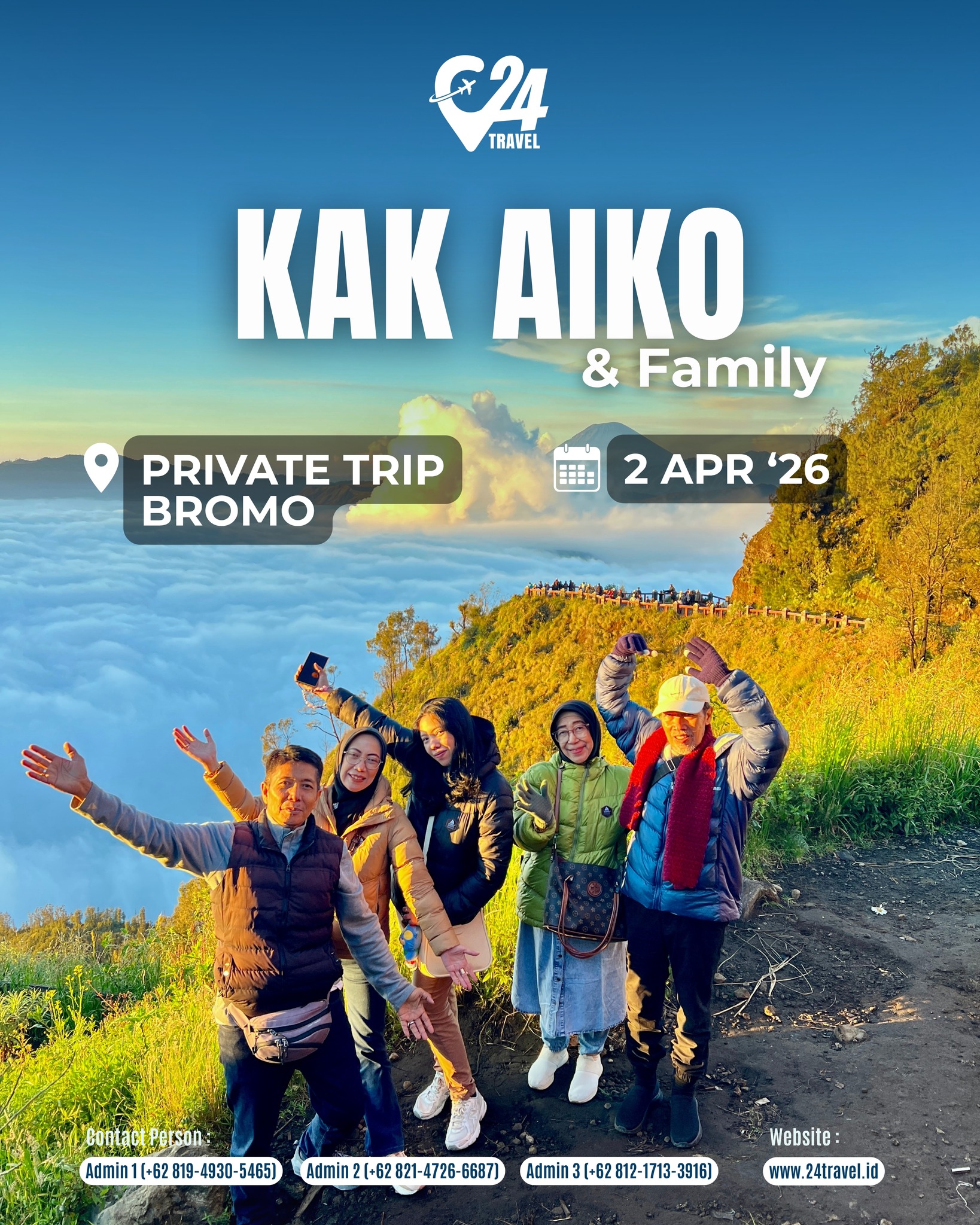 Perjalanan yang tenang sering kali menjadi kenangan yang paling dirindukan.
Bromo menyuguhkan keindahan alam yang membuat waktu bersama keluarga terasa semakin berharga.
Yuk, wujudkan family trip yang santai dan penuh momen hangat bersama orang tersayang.Info promo & konsultasi klik link bio 👉 @24travel.id#24travel #semuabisaliburan #paketwisatabromo #tripbromo