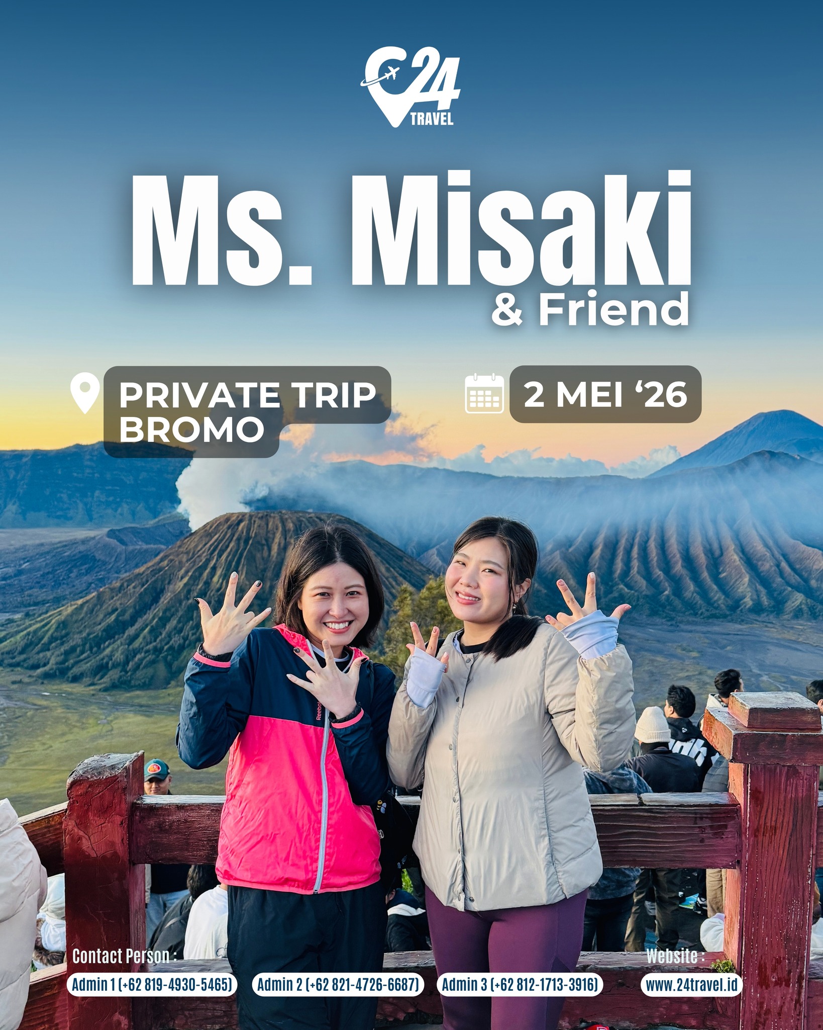 Jalan berdua memang paling enak buat santai dan menikmati perjalanan tanpa buru-buru ✨
Bromo jadi tempat yang pas buat foto-foto, ngobrol, dan menikmati suasana bareng teman 🤍Yuk, rencanakan short trip seru bareng teman favoritmu 🌿Info promo & konsultasi klik link bio 👉 @24travel.id#24travel #semuabisaliburan #paketwisatabromo #tripbromo