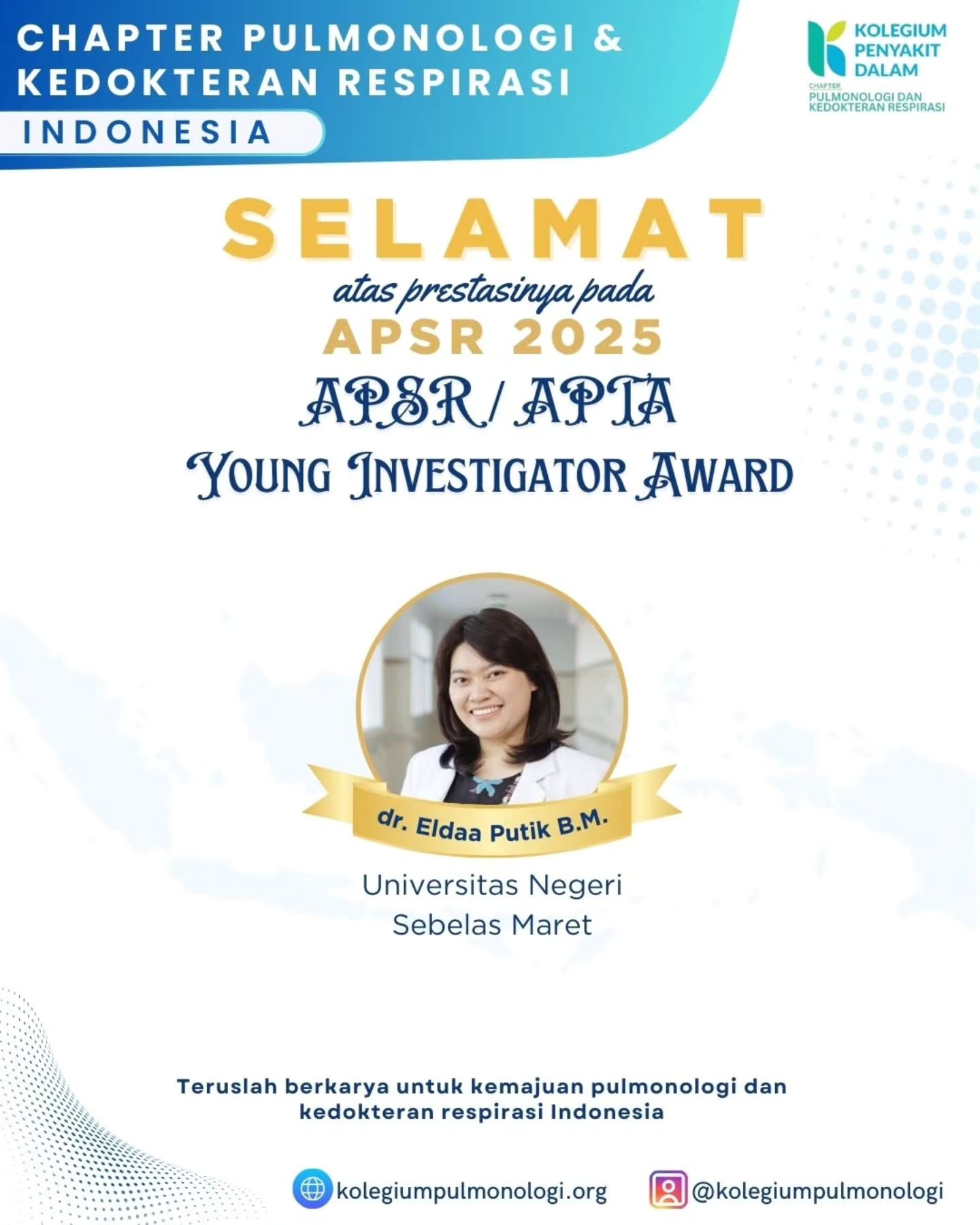 Chapter Pulmonologi dan Kedokteran Respirasi Indonesia mengucapkan selamat kepada para residen pulmonologi dan dokter spesialis paru Indonesia yang meraih penghargaan pada acara Asian Pacific Society of Respirology (APSR) 2025! ๐๐ฎ๐ฉ
Prestasi ini menjadi cerminan komitmen, dedikasi, dan kontribusi para insan pulmonologi Indonesia dalam pengembangan ilmu kedokteran respirasi di kancah internasional.
Kami mengapresiasi setiap langkah maju para penerima penghargaan dan mendorong semangat untuk terus berkarya serta memberikan yang terbaik bagi pelayanan respirasi di Indonesia. ๐
#APSR2025 #PulmonologiIndonesia #ChapterPulmonologi #RespiratoryMedicine