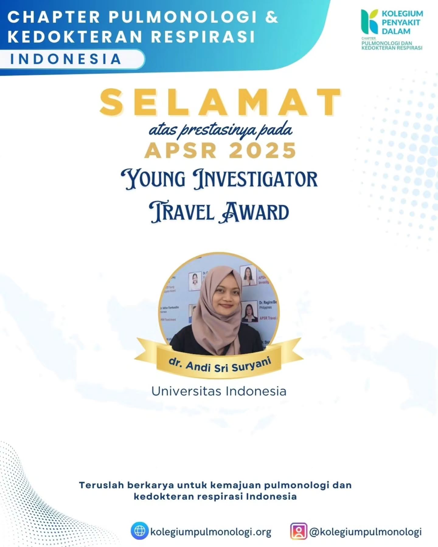 Chapter Pulmonologi dan Kedokteran Respirasi Indonesia mengucapkan selamat kepada para residen pulmonologi dan dokter spesialis paru Indonesia yang meraih penghargaan pada acara Asian Pacific Society of Respirology (APSR) 2025! ๐๐ฎ๐ฉ
Prestasi ini menjadi cerminan komitmen, dedikasi, dan kontribusi para insan pulmonologi Indonesia dalam pengembangan ilmu kedokteran respirasi di kancah internasional.
Kami mengapresiasi setiap langkah maju para penerima penghargaan dan mendorong semangat untuk terus berkarya serta memberikan yang terbaik bagi pelayanan respirasi di Indonesia. ๐
#APSR2025 #PulmonologiIndonesia #ChapterPulmonologi #RespiratoryMedicine