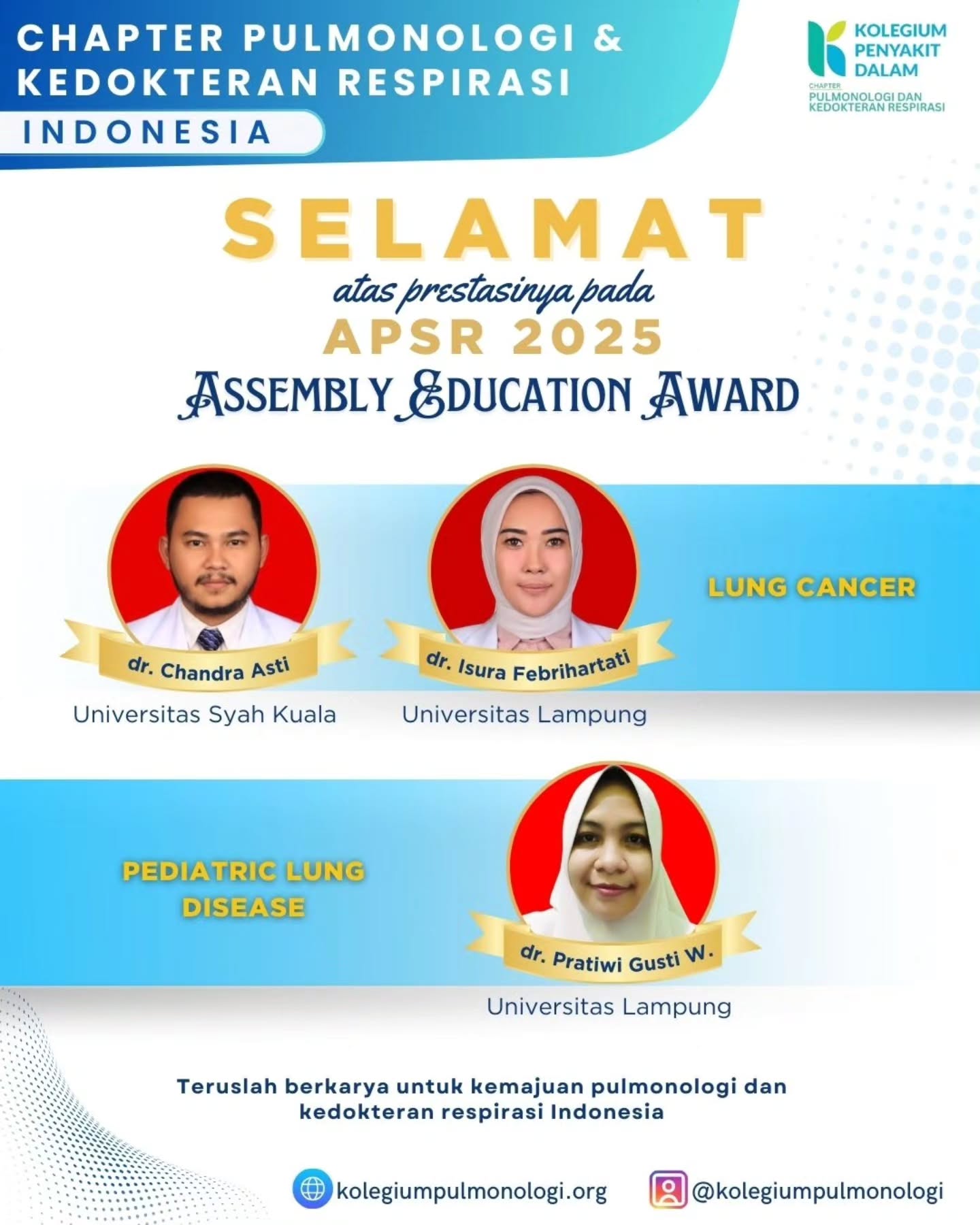 Chapter Pulmonologi dan Kedokteran Respirasi Indonesia mengucapkan selamat kepada para residen pulmonologi dan dokter spesialis paru Indonesia yang meraih penghargaan pada acara Asian Pacific Society of Respirology (APSR) 2025! ๐๐ฎ๐ฉ
Prestasi ini menjadi cerminan komitmen, dedikasi, dan kontribusi para insan pulmonologi Indonesia dalam pengembangan ilmu kedokteran respirasi di kancah internasional.
Kami mengapresiasi setiap langkah maju para penerima penghargaan dan mendorong semangat untuk terus berkarya serta memberikan yang terbaik bagi pelayanan respirasi di Indonesia. ๐
#APSR2025 #PulmonologiIndonesia #ChapterPulmonologi #RespiratoryMedicine