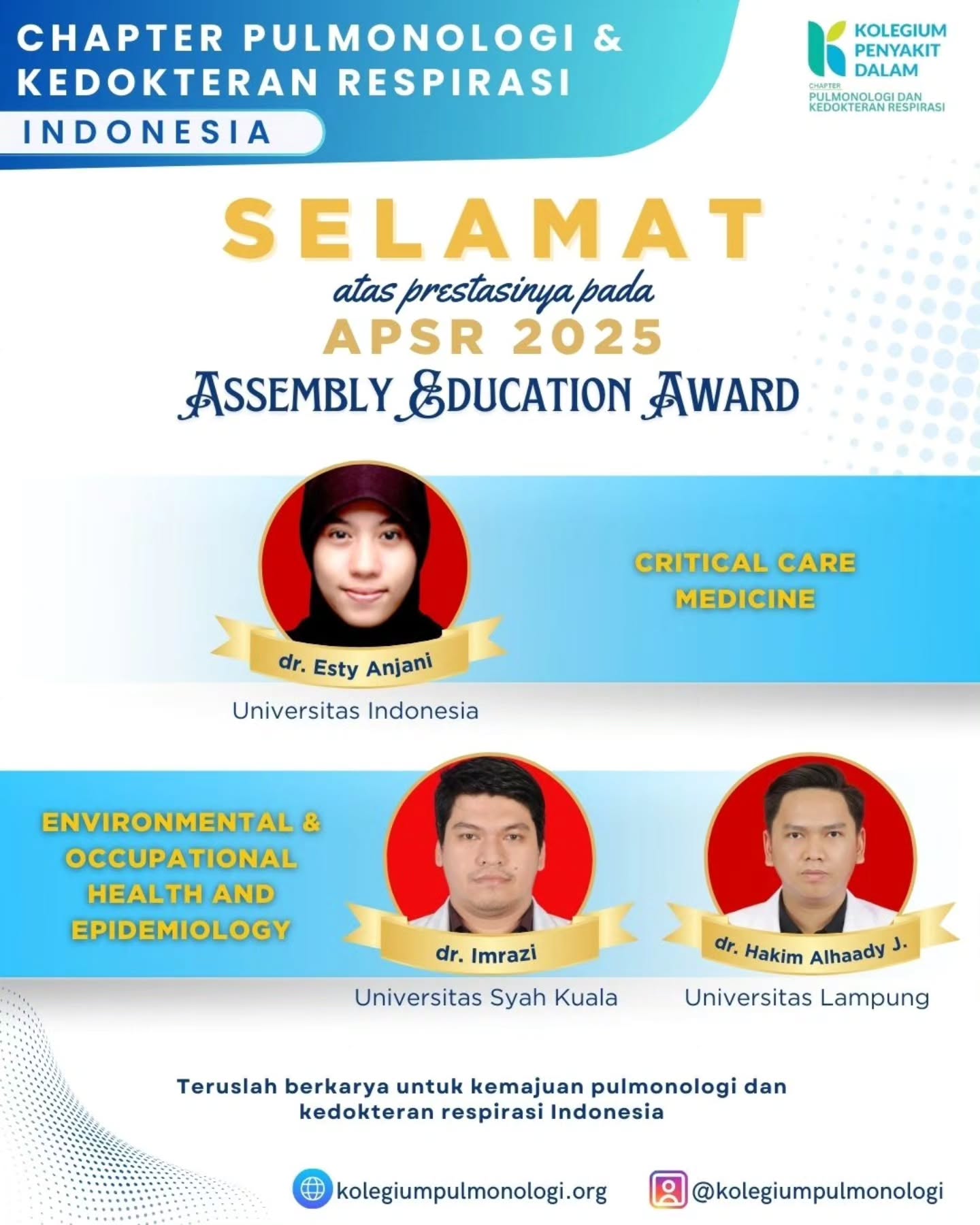 Chapter Pulmonologi dan Kedokteran Respirasi Indonesia mengucapkan selamat kepada para residen pulmonologi dan dokter spesialis paru Indonesia yang meraih penghargaan pada acara Asian Pacific Society of Respirology (APSR) 2025! ๐๐ฎ๐ฉ
Prestasi ini menjadi cerminan komitmen, dedikasi, dan kontribusi para insan pulmonologi Indonesia dalam pengembangan ilmu kedokteran respirasi di kancah internasional.
Kami mengapresiasi setiap langkah maju para penerima penghargaan dan mendorong semangat untuk terus berkarya serta memberikan yang terbaik bagi pelayanan respirasi di Indonesia. ๐
#APSR2025 #PulmonologiIndonesia #ChapterPulmonologi #RespiratoryMedicine