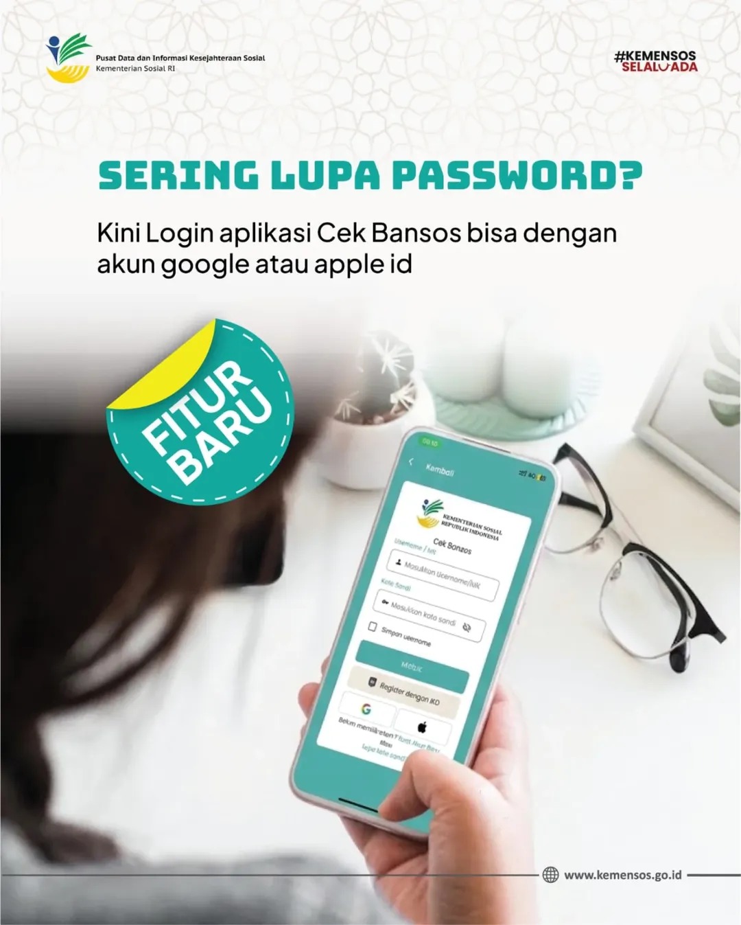 Sering Lupa Password?
Kini Login Aplikasi Cek Bansos bisa dengan akun google atau apple id
Aplikasi Cek Bansos dapat digunakan untuk:
- mengecek status kesejahteraan dan bansos
- mendaftar bansos untuk diri sendiri atau orang lain
- menyanggah bansos yang salah sasaran
- mengusulkan pembaruan DTSEN
Reposted from @pusdatinkesos