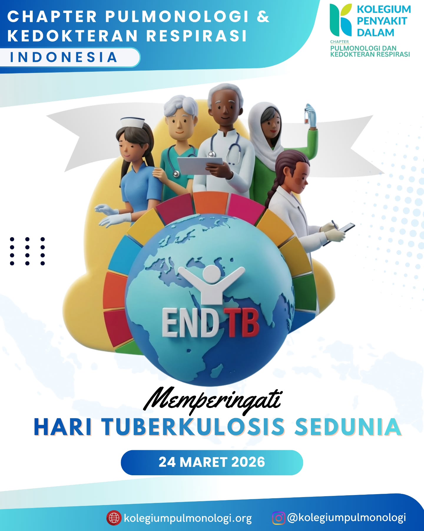 Chapter Pulmonologi dan Kedokteran respirasi indonesia memperingati Hari Tuberkulosis Sedunia 24 Maret 2026
Tuberkulosis masih menjadi tantangan utama kesehatan di Indonesia. Upaya eliminasi membutuhkan deteksi dini, kepatuhan pengobatan, pencegahan penularan, serta kolaborasi lintas sektor.
🌎:kolegiumpulmonologi.org
IG: @kolegiumpulmonologi
#HariTuberkulosisSedunia #WorldTBDay #EndTB #Tuberkulosis #Pulmonologi