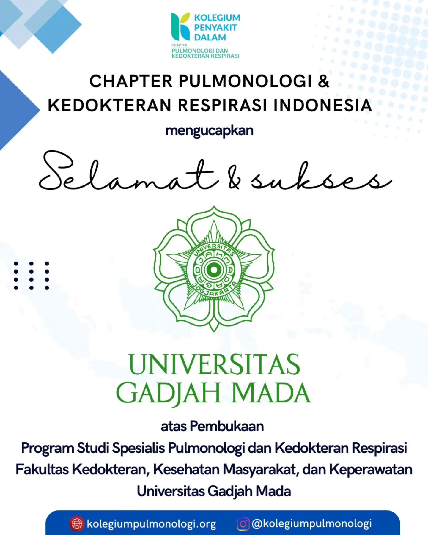 🎉 *Selamat dan Sukses*
Chapter Pulmonologi dan Kedokteran Respirasi Indonesia mengucapkan selamat atas:
Pembukaan Program Studi Spesialis Pulmonologi dan Kedokteran Respirasi Universitas Gadjah Mada oleh Dirjen Dikti
Langkah penting dalam pengembangan pendidikan pulmonologi di Indonesia 🇮🇩
#PulmonologiIndonesia #KedokteranRespirasi #PendidikanDokterSpesialis #KolegiumPulmonologi
www.kolegiumpulmonologi.org