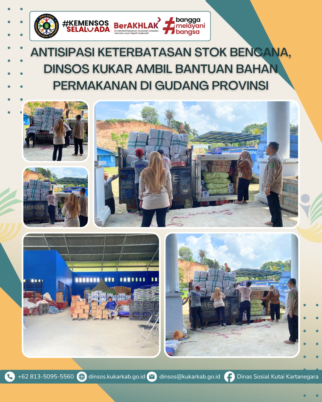 SAMARINDA, 04 Juni 2026 β Pemerintah Kabupaten Kutai Kartanegara melalui Dinas Sosial (Dinsos) mengambil langkah taktis guna mengantisipasi keterbatasan anggaran penanggulangan bencana daerah akibat defisit APBD. Untuk memastikan ketersediaan bantuan darurat bagi masyarakat tetap terjaga, Dinas Sosial berkoordinasi secara langsung dengan Dinas Sosial Provinsi Kalimantan Timur guna mengambil bantuan logistik tambahan.
.
.
.
.
.
Selengkapnya di : https://dinsos.kukarkab.go.id/index.php/2026/06/04/antisipasi-keterbatasan-stok-bencana-dinsos-kukar-ambil-bantuan-bahan-permakanan-di-gudang-provinsi/