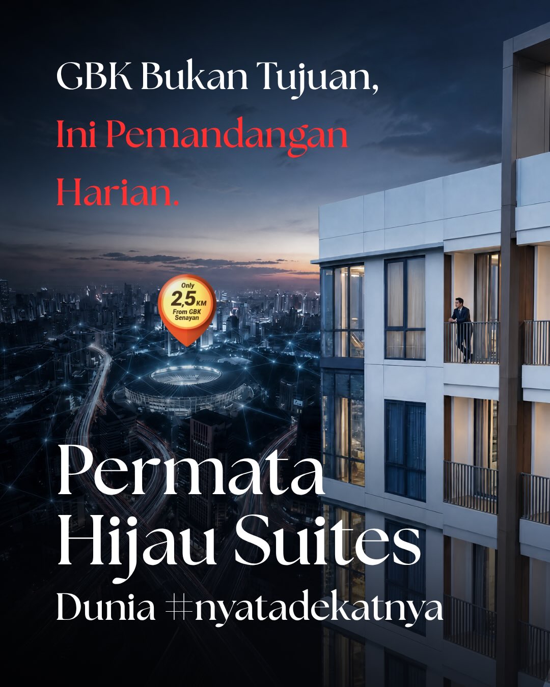 Change The Game.
Bayangkan memulai hari tanpa harus menghabiskan waktu berjam-jam di jalan.
Dalam radius hanya 2,5 KM, kamu sudah berada dekat dengan pusat olahraga kelas dunia, kawasan bisnis, fasilitas premium, hingga berbagai peluang yang terus berkembang.
Karena alamat yang tepat bukan hanya mempersingkat jarak, tetapi juga menghemat waktu, tenaga, dan membuka lebih banyak kesempatan.
Di Permata Hijau Suites, setiap hari dimulai lebih dekat dengan apa yang benar-benar penting.
Closer. Dominate. Win.
Selamat datang di dunia #nyatadekatnya
#permatahijausuites #changethegame #potongkompas