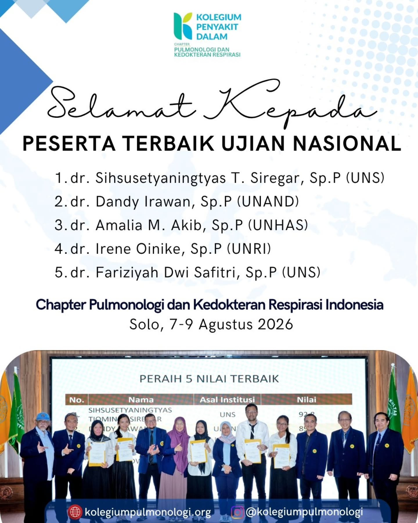 Chapter Pulmonologi dan Kedokteran Respirasi Indonesia
mengucapkan Selamat kepada
Peserta Terbaik Ujian Nasional Pulmonologi dan Kedokteran Respirasi Indonesia 🏆
dr. Sihsusetyaningtyas T. Siregar, Sp.P (UNS)
dr. Dandy Irawan, Sp.P (UNAND)
dr. Amalia M. Akib, Sp.P (UNHAS)
dr. Irene Oinike, Sp.P (UNRI)
dr. Fariziyah Dwi Safitri, Sp.P (UNS)
Semoga pencapaian ini menjadi awal untuk terus mengembangkan kompetensi, menjaga profesionalisme, dan memberikan pelayanan respirasi terbaik bagi masyarakat Indonesia. 🫁✨
📍 Solo, 7–9 Agustus 2026
🌐 kolegiumpulmonologi.org
📸 @kolegiumpulmonologi
#UjianNasional #Pulmonologi #KedokteranRespirasi #SpesialisParu #KedokteranRespirasiIndonesia