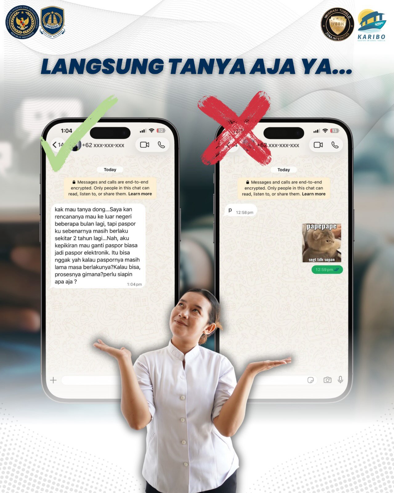 Hai Sobat Karibo! Jika ada saran dan pengaduan seputar keimigrasian, kalian bisa saja melalui Nomor 082290818010 atau bisa juga melalui media sosial kami ya...
#kemenimipas #ditjen_imigrasi #visa #paspor #hendarsammarantoko